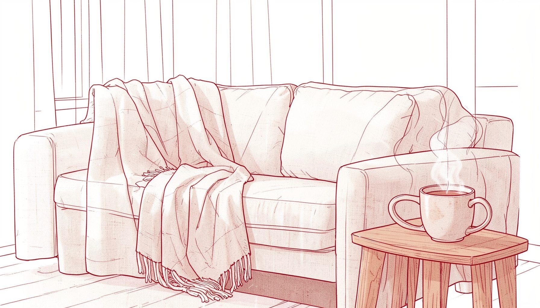 A soft, warm-toned interior scene with a cozy throw blanket draped over a neutral linen sofa, a steaming ceramic mug on a side table, in muted taupe and cream.