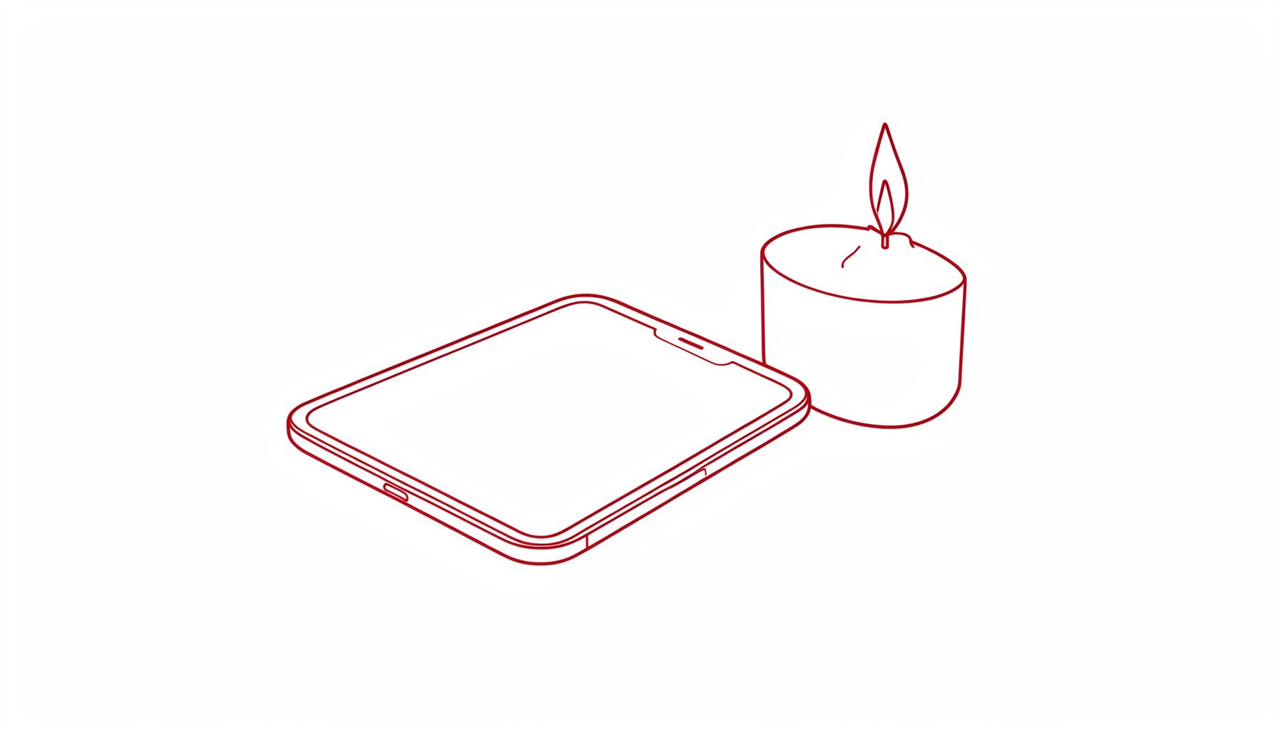 A minimal line drawing of a smartphone resting face-down beside a lit candle, evoking a calm, screen-free evening.